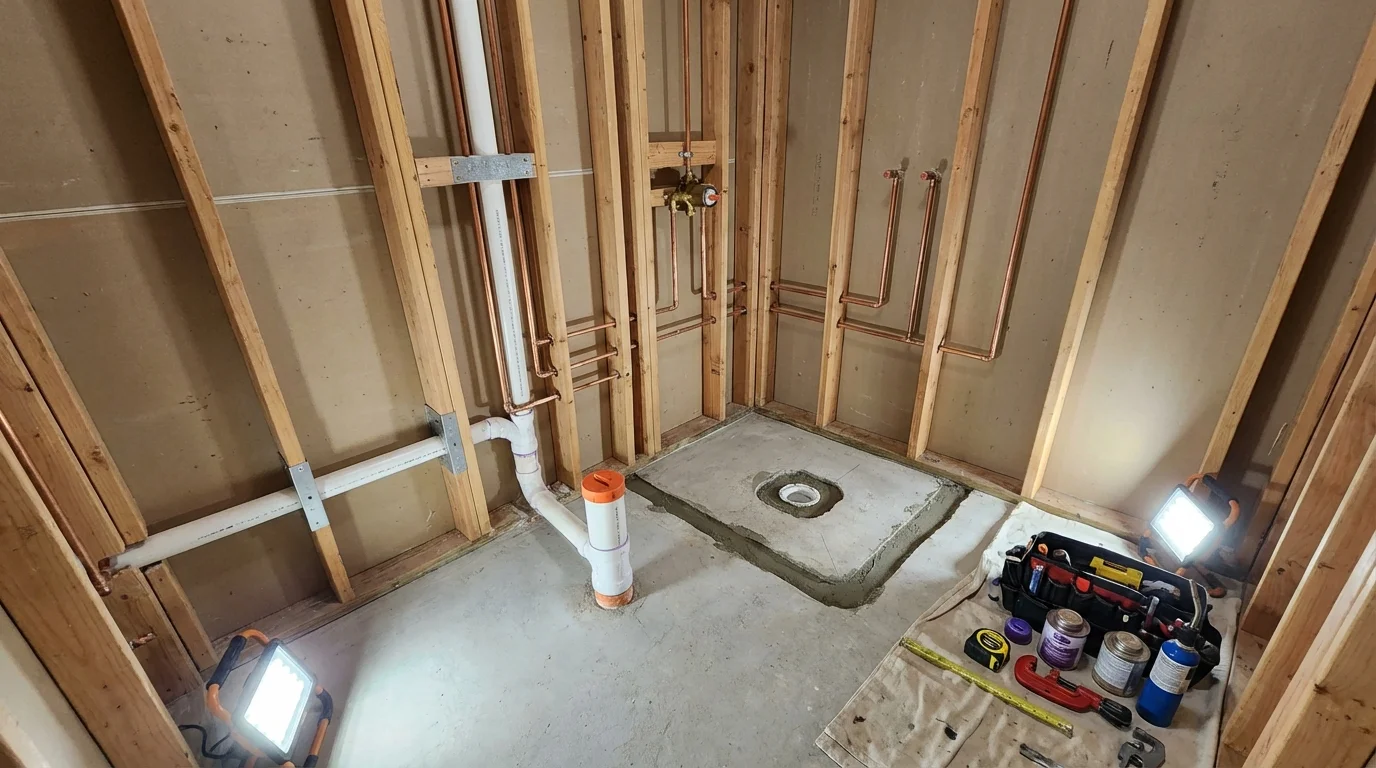 Bathroom rough-in plumbing during remodel by Johns Plumbing LLC in Sac City