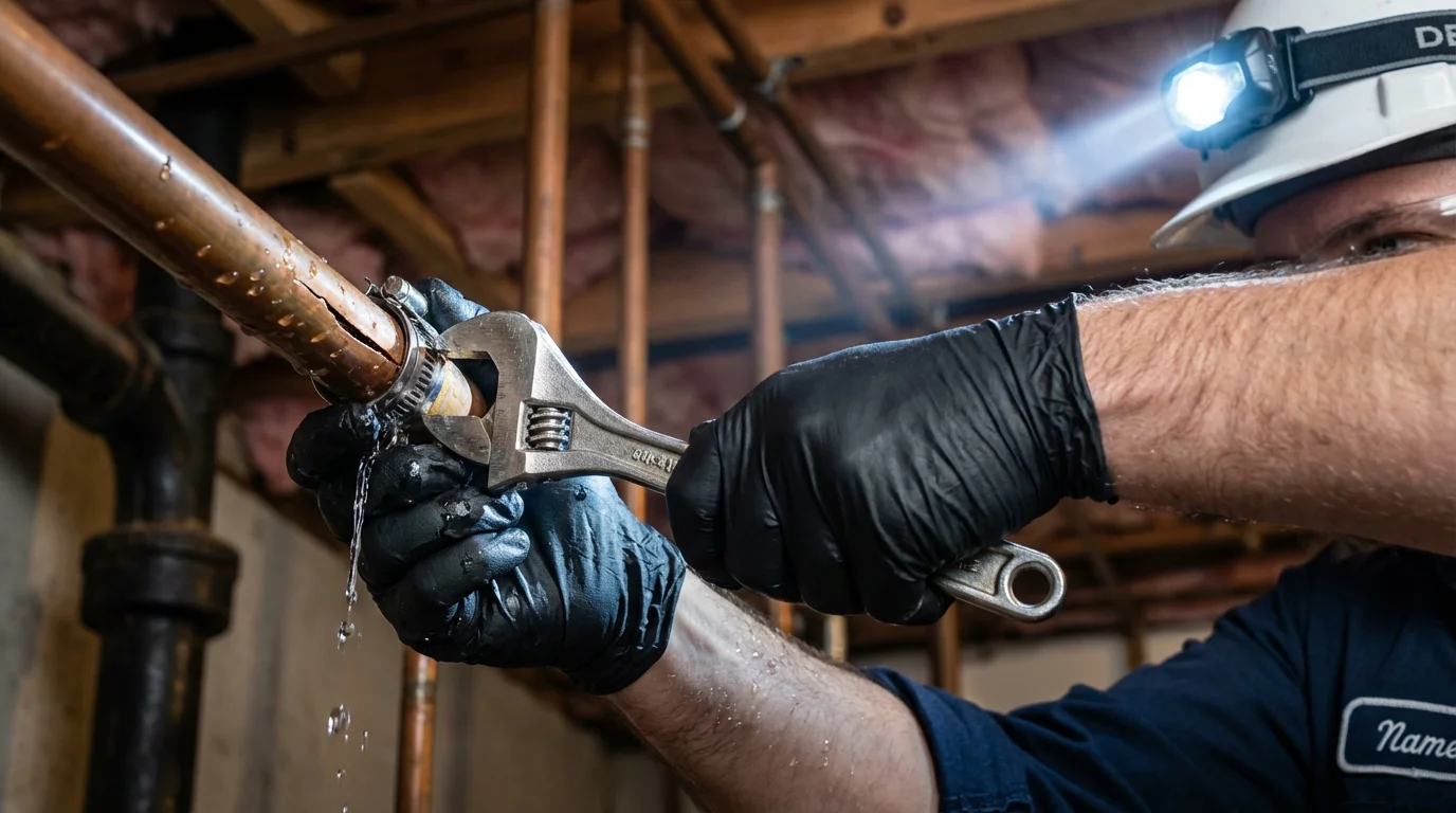 Emergency pipe clamp repair being performed by a Johns Plumbing LLC plumber in Sac City