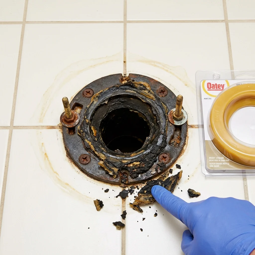 Failed wax ring showing water seepage at the base of a toilet in a Sac City, IA home