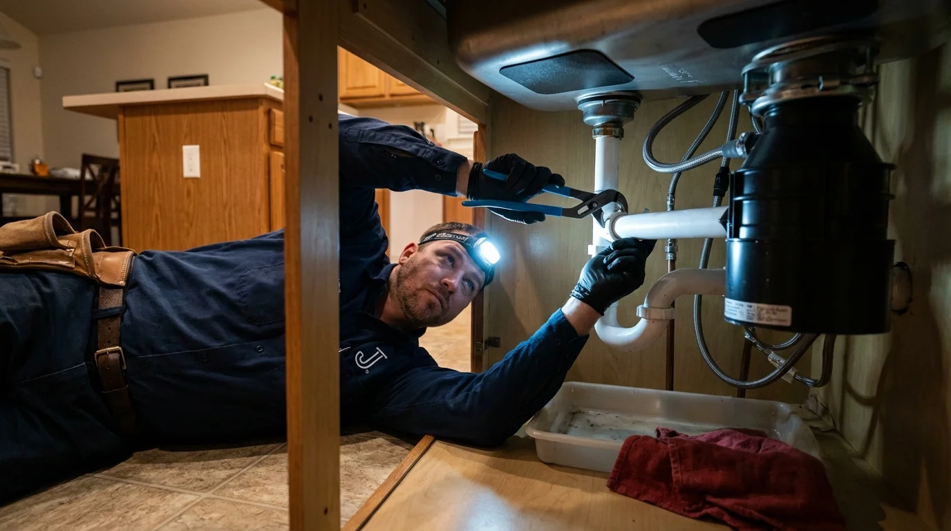 P-trap and supply line connections under a kitchen sink showing a common leak point in Sac City, IA